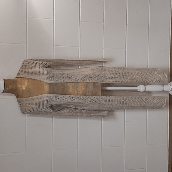 Moral Fiber Neutral Natural Crochet Knit Long Sleeve Open Front Long Cardigan - Picture 1 of 9